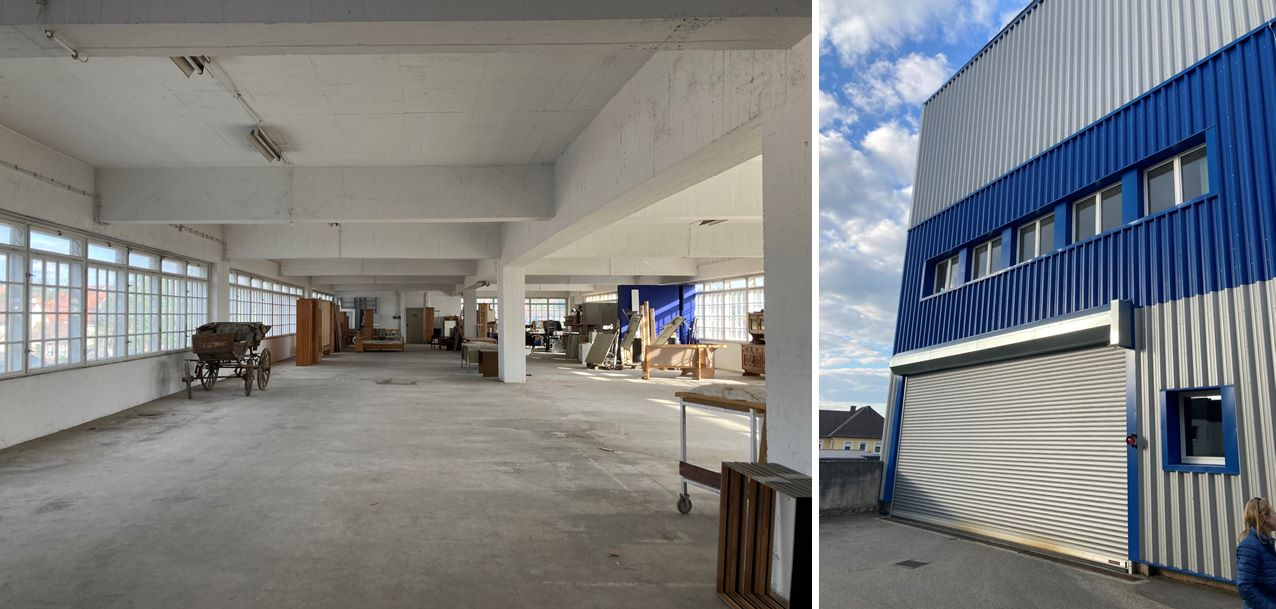 Links: Halle des Hauptgebäudes, rechts: Spedition Schnabel