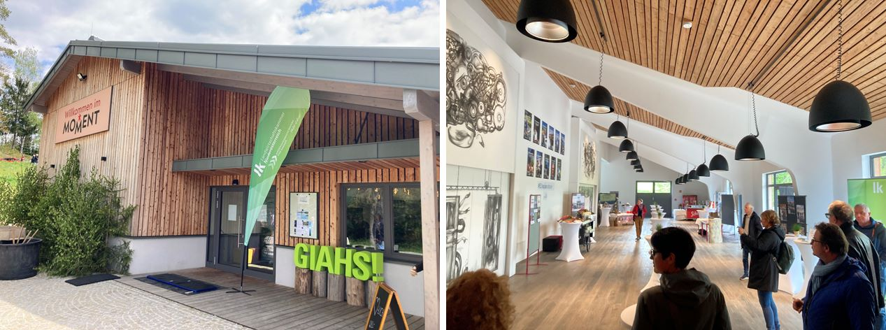 links: MOMENTUM Gebäude von außen, rechts: MOMENTUM Gebäude innen, Foyer im Untergeschoß