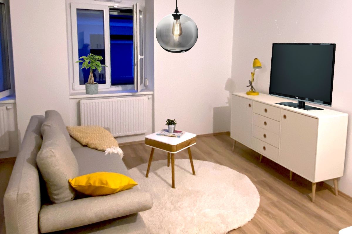 Wohnzimmer im neuen Wohnhaus Rose. Zu sehen ist ein graues Sofa, weißer Teppich und ein Tisch darauf. Vis a vis steht ein Sideboard in Weiß mit Fernseher. Fenster im Hintergrund. 
