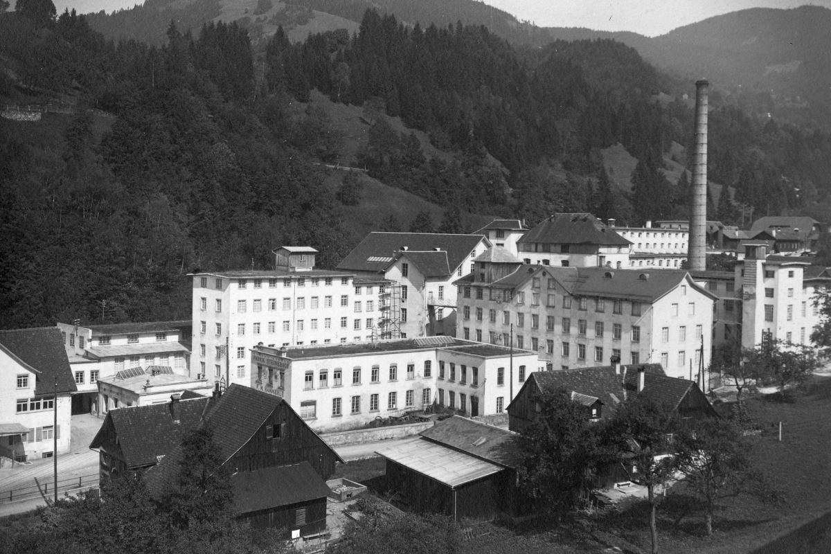 Ehemalige Textilfabrik mit mehrstöckigen Gebäuden und Fabriksschlot umgeben von Natur.