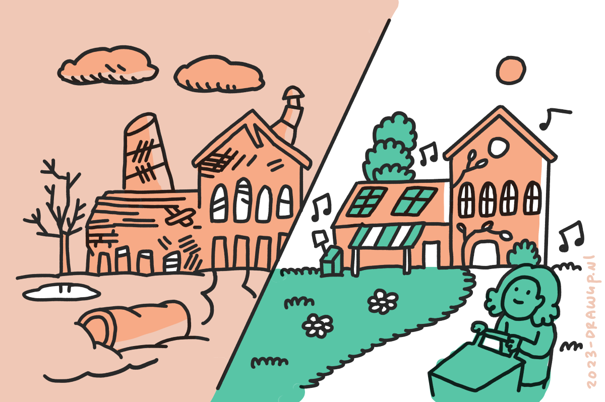 Ein Gebäude, einmal alt und verkommen und einmal wiederhergestellt